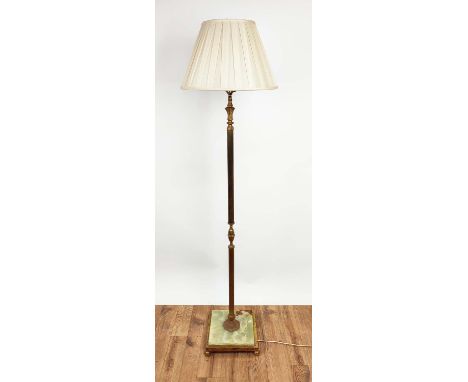 FLOOR LAMP, brass column, onyx and brass base, cream shade, 160cm H. 