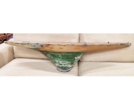 VINTAGE POND YACHT, painted wood, 122cm x 19.5cm x 31cm. 