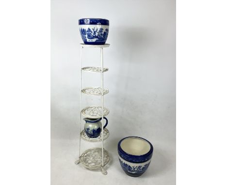 RARE MINTON CACHEPOTS, two, late 19th century c.1890s blue and white 'Blue Willow' pattern along with an ironstone Victoria w