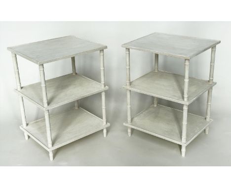 ETAGERES/LAMP TABLES, a pair, Regency style grey painted, each square with three tiers, 55cm x 55cm x 64cm H. (2) 