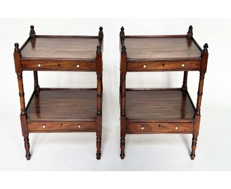LAMP TABLES, a pair, George III mahogany and ebony inlaid each with gallery two tiers and two drawers, 48cm x 43cm x 76cm H. 