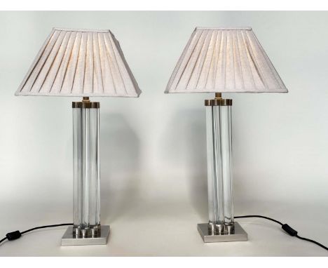 TABLE LAMPS, a pair, Art Deco style of four column glass clusters with square nickel plinths and shades, 77cm H. (2) 