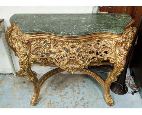 CONSOLE TABLE, ornate gilt base with serpentine shaped green marble top, 88cm H x 150cm x 55cm D. 