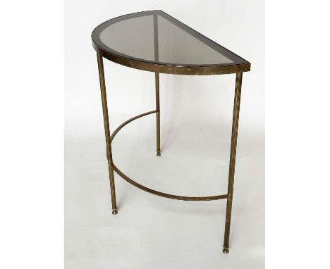 CONSOLE TABLE, mid 20th century brass and glass demi lune with reeded supports, 77cm x 39cm x 77cm H. 