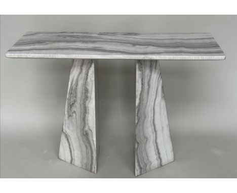 CONSOLE HALL TABLE, variegated and grey slatted white marble rectangular with twin facetted triangular supports, 110cm W x 40