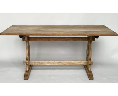 REFECTORY DINING TABLE, vintage early 20th century oak with planked top raised upon pierced trestles joined by a stretcher, 1