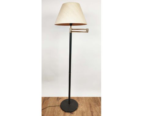 FLOOR LAMP, swing arm action, tubler column and circular base, 144cm H. 