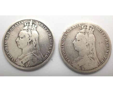 Two 1890 silver shillings of Queen Victoria. P&amp;P Group 0 (£5+VAT for the first lot and £1+VAT for subsequent lots) 
