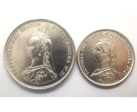 1887 silver sixpence and shilling of Queen Victoria, both high grade. P&amp;P Group 0 (£5+VAT for the first lot and £1+VAT fo