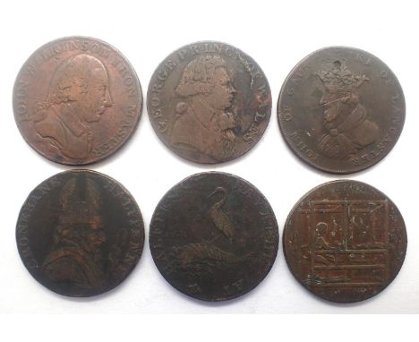 Six copper early milled workhouse tokens, circa 1700 - 1800. P&amp;P Group 0 (£5+VAT for the first lot and £1+VAT for subsequ