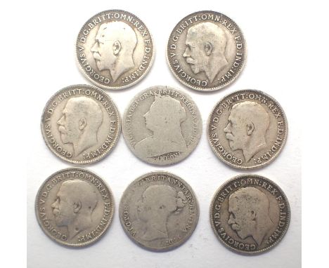 Eight silver threepences including Victorian and later. P&amp;P Group 0 (£5+VAT for the first lot and £1+VAT for subsequent l