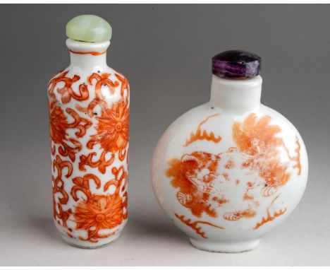Two Antique Chinese 18th / 19th Century Iron-Red Porcelain Snuff Bottles.  Both with four character marks.  One of bulbous fo