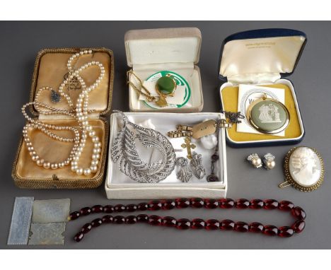 Costume jewellery, including a marcasite brooch and clip-on earrings; Wedgwood Jasperware pendant in box; faux pearls; a silv