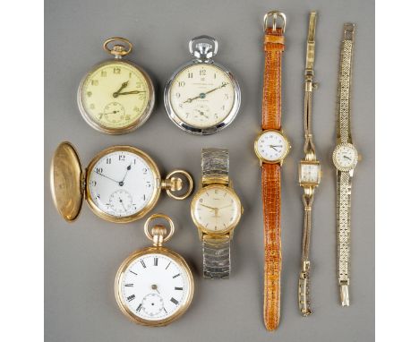 An Elgin gold plated hunter pocket watch, Stag engraved to case; a Dennison gold plated open face pocket watch; an Ingersoll 