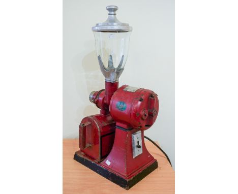 A vintage Hobart coffee grinder, with a red metal casing, model no. E455, 78cm high (some damage) 
