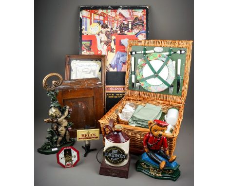 A modern wicker Optima for John Lewis picnic hamper, two modern cast iron doorstops, etc, the picnic hamper for two place set