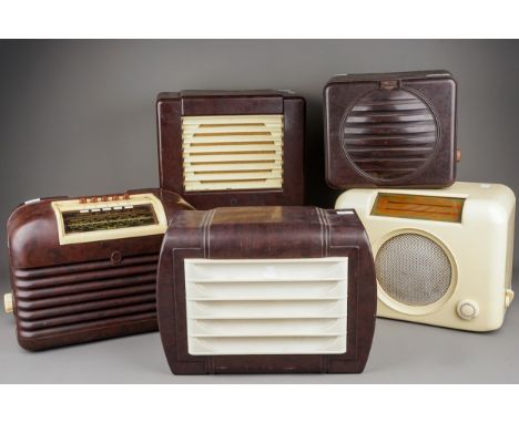 Two vintage bakelite cased radios and three bakelite cased speakers, comprising a cram cased Bush Type DAC. 90A, a Bush DAC. 