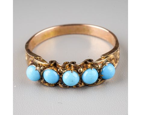 A Victorian yellow gold and turquoise five-stone ring, size L, unmarked assessed as approx 9ct, gross weight approx 1.6g 
