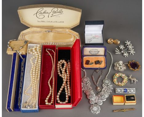 Costume jewellery - including faux pearls; a 9ct gold and silver ring (af) approx 1.4g; a pair of Japanese Damascene cufflink