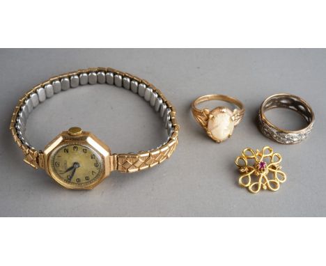 9 ct gold cameo ring together with 9 ct gold brooch and a ct gold and silver ring. Together with a 9ct gold ladies pocket wat