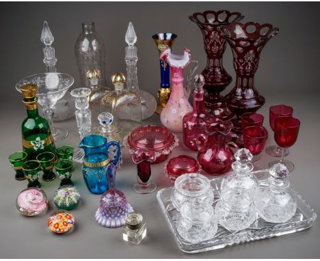 A pair of Bohemian glass ruby cut clear glass lustres, height 31cm, lacking droppers, s.d, a pair of Victorian onion shaped d