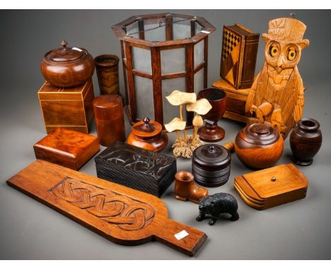 A collection of Treen boxes and vessels and light shade 