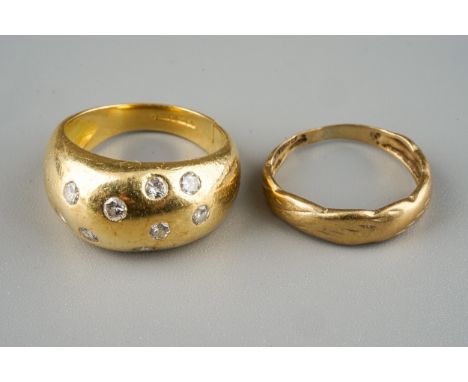 An 18ct yellow gold and diamond bombe ring, size J1/2 (af), total gross weight approx 7.5g; together with a 9ct yellow gold r