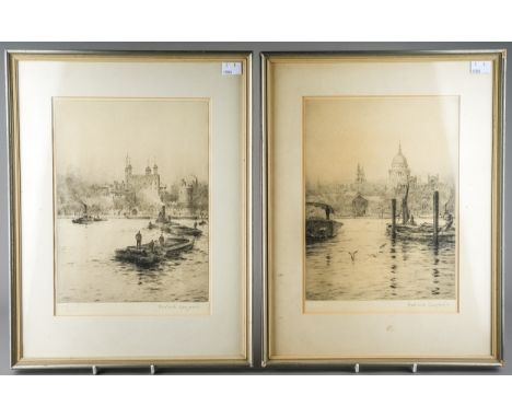 After Rowland Langmaid (1897-1956) View of St. Pauls' Cathedral from the Thames and The Tower of LondonDrypoint etchings, 29 