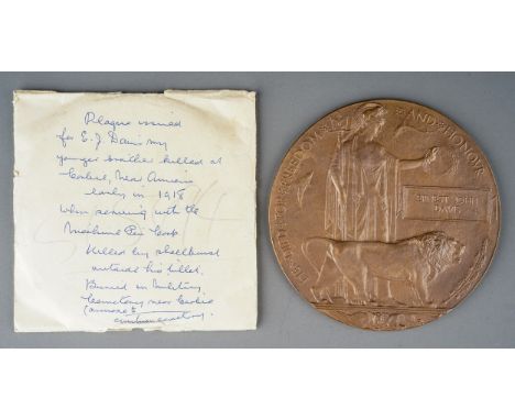 WWI - a bronze death plaque, Enest John Davis, with original card, and note stating killed near Amiens early 1918 