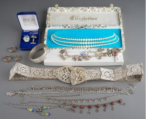 Costume jewellery - including a silver charm bracelet; faux pearls; silver chains, pendants; white metal belt; bangle; rings,