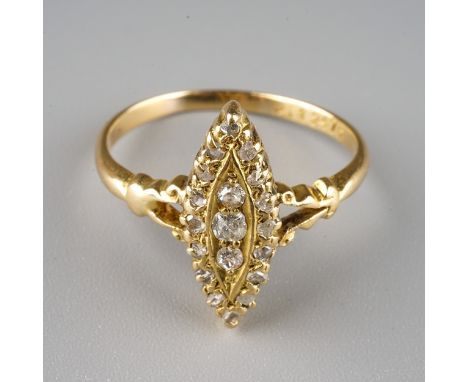 A Victorian yellow gold and diamond navette ring, set with old and rose-cut diamonds, size O1/2, marks rubbed assessed as 18c