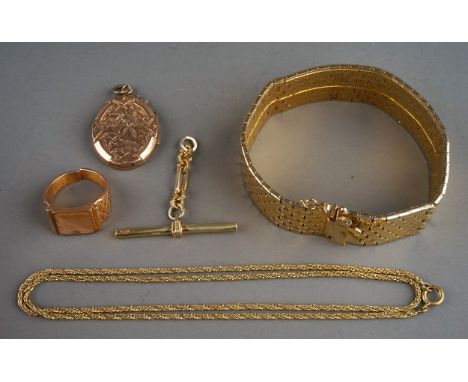 A 9ct yellow gold T-bar, with part chain, gross weight approx 4.4g; together with gold plated jewellery including bracelet, n