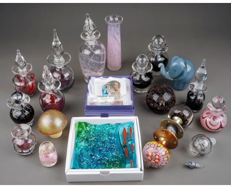 A Collection of modern decorative glassware by millrace, Caithness, etc, including two glass paperweight door knobs, a Caithn