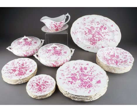 A Coalport 'Cairo' pattern part dinner service in pink an white, comprising an oval meat plate, two tureens and covers (one t