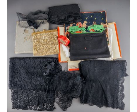 A group of three vintage bags and a small quantity of black lace, etc, one black suede bag with jade effect dragon clasp in o