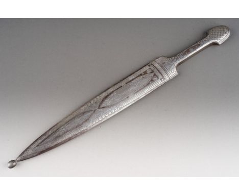 Small silver inlaid Persian dagger, blued and inlaid blade, overall length 26 cm. 
