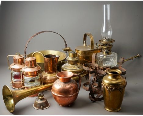 A group of copper and brass including two ships lamps and two oil lamps, coaching horn 