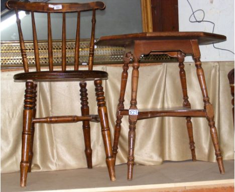 A stick back antique kitchen chair, together with an occasional table