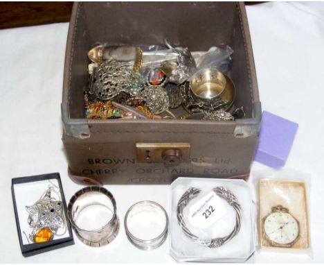 A box containing various costume jewellery, pocket watch and other, including silver bangle