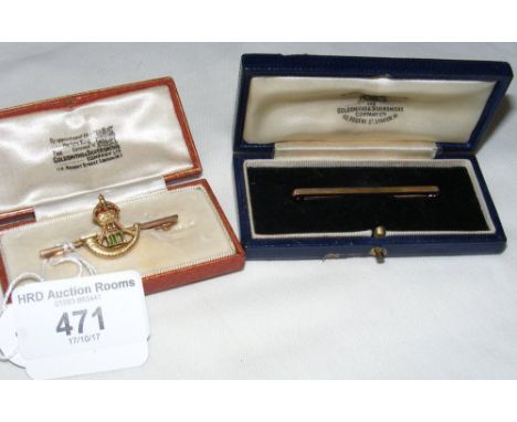 A 14ct gold Infantry brooch and an engine turned 9ct gold pin - both in presentation boxes