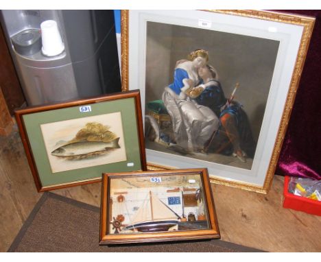 Antique mezzotint of lady cradling husband, together with an engraving of Galway Sea Trout and boat montage