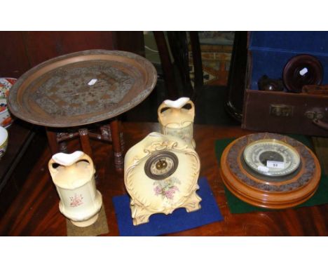 Small Middle Eastern table on folding stand, together with barometer, mantel clock