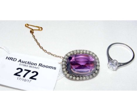 An amethyst and seed pearl brooch, together with a Solitaire dress ring