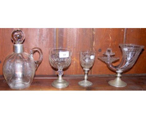 Silver mounted decanter, engraved goblet, etc.