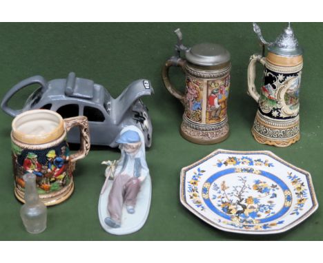 Sundry lot including steins, car form novelty teapot, lladro figure etc
All in used condition, unchecked