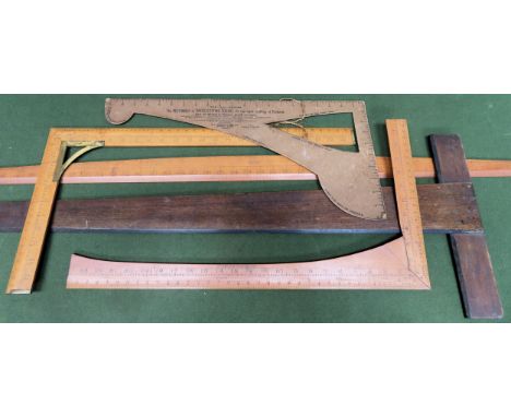Mixed lot of mostly treen measuring items, various names including J. Rabone &amp; Sons, E. J. Arnold &amp; Sons, R. O. finne