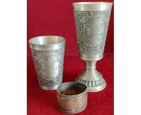 GERMAN PEWTER "ZINN BECKER" BEAKER, GERMAN PEWTER "ZINN BECKER" GOBLET, PLUS NAPKIN RING
NAPKIN RING APPEARS TO BE DAMAGED