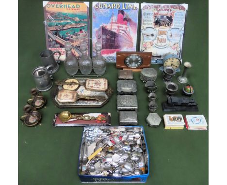 Mixed lot including platedware, pewter, advertisement signs, souvenir spoons, mantle clock
All in used condition, unchecked