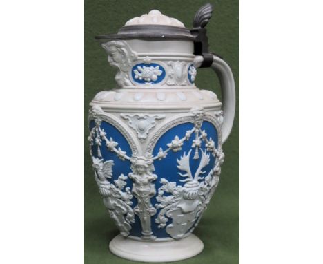 Villeroy and Boch vintage stoneware jug, with hinged pewter cover. Approx. 28cm H
Reasonable used condition
