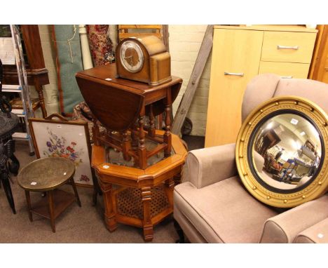 Old Charm drop leaf coffee table, hexagonal glass topped occasional table, firescreen, small brass topped table, oak mantel c